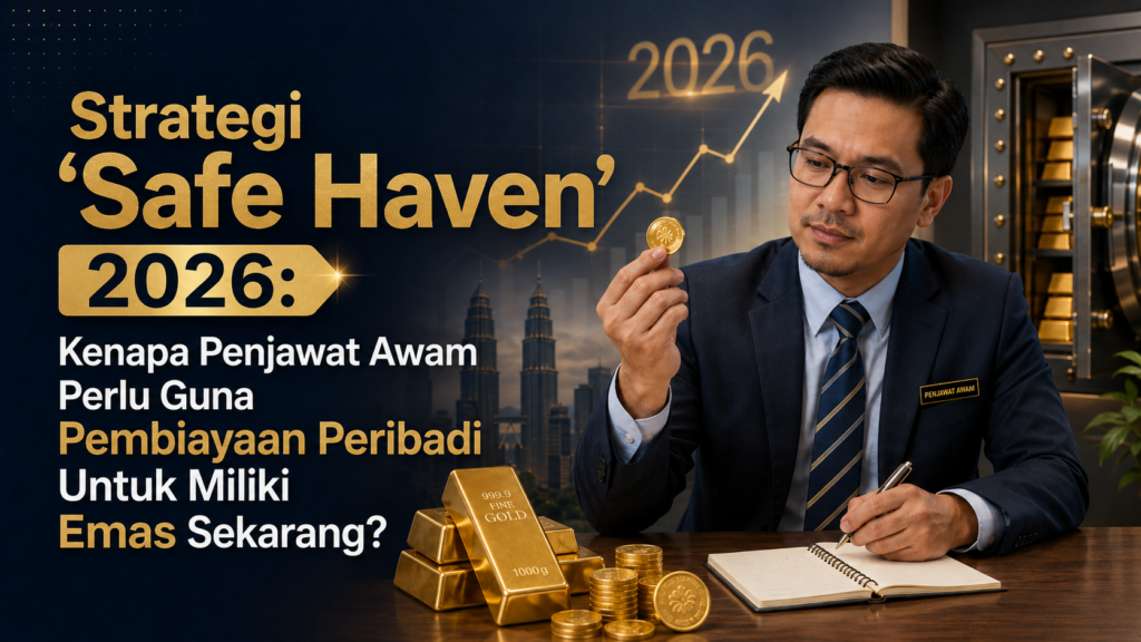 Seorang penjawat awam Malaysia merancang pelaburan emas menggunakan pembiayaan peribadi sebagai strategi 'Safe Haven' tahun 2026, dengan latar belakang jongkong emas dan Menara Berkembar Petronas.