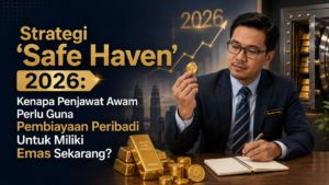 Seorang penjawat awam Malaysia merancang pelaburan emas menggunakan pembiayaan peribadi sebagai strategi 'Safe Haven' tahun 2026, dengan latar belakang jongkong emas dan Menara Berkembar Petronas.